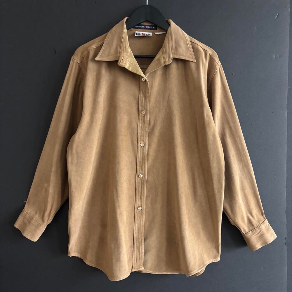 VTG 90s Bill Blass Jeans Tan Faux Suede Stretch Oversized Western Shirt - Size M